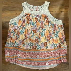 Cato Crochet-Trim Floral Halter Tank - Orange, White, Teal